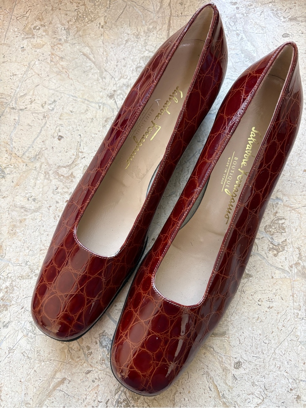 Vintage  Slip On Low Heel Patent Leather Animal Print Salvatore Ferragamo Narrow